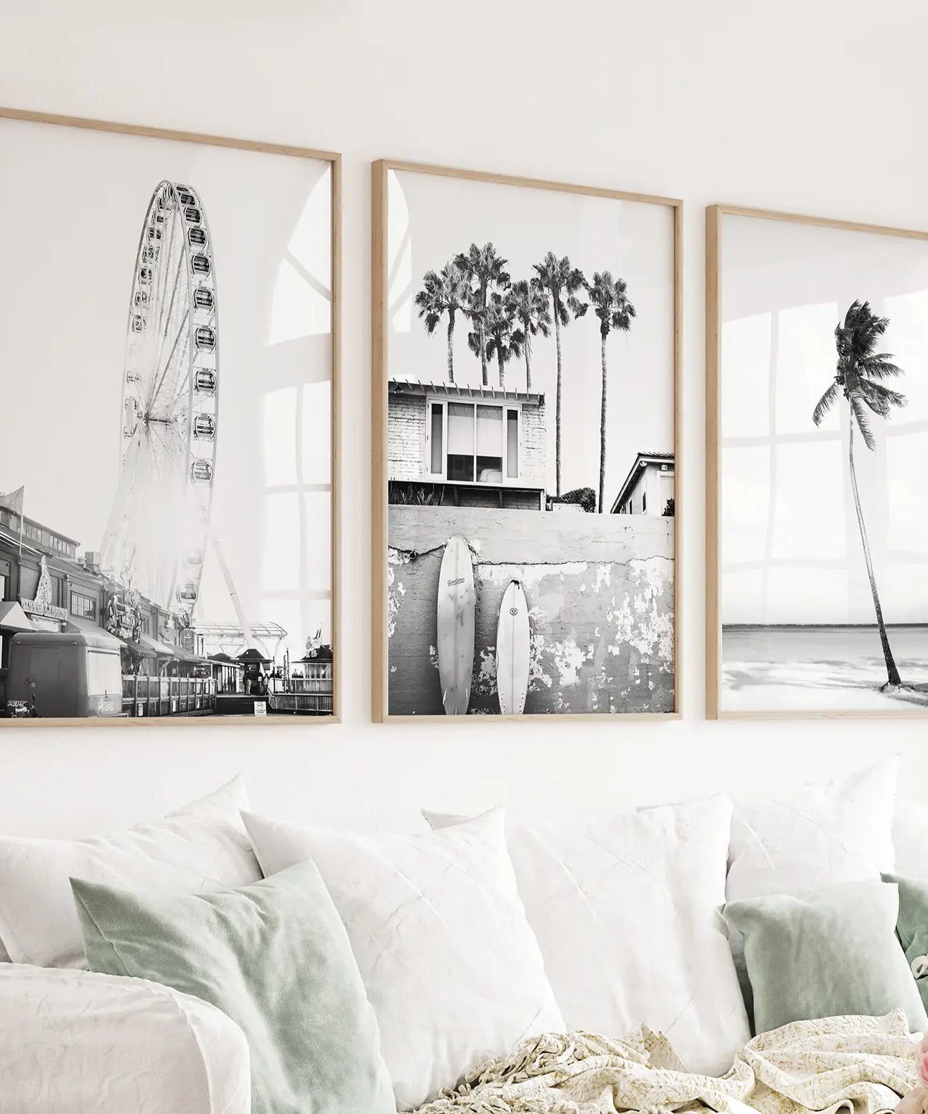 Black White Coastal Wall Art. Ferris Wheel, Surfboards, Palm