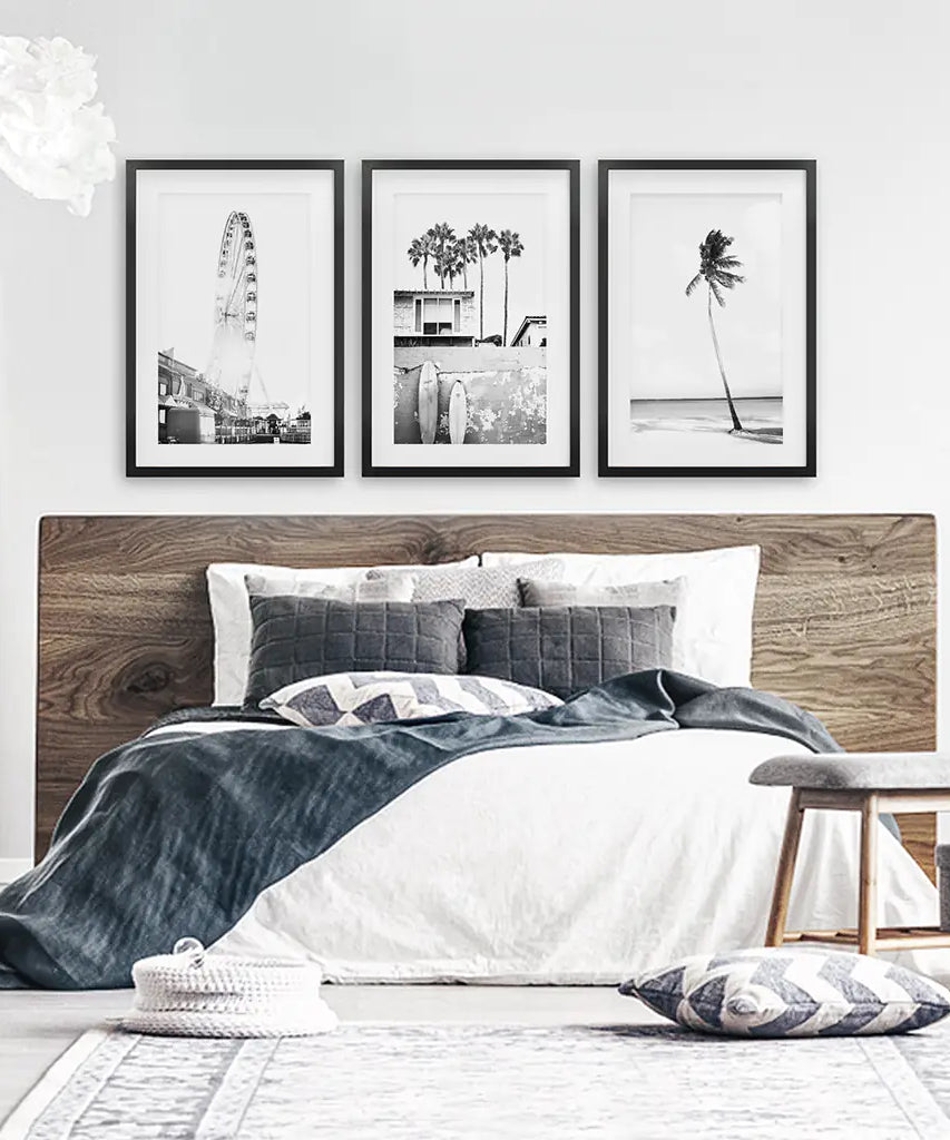 Black White Coastal Wall Art. Ferris Wheel, Surfboards, Palm