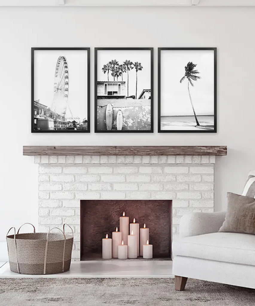 Black White Coastal Wall Art. Ferris Wheel, Surfboards, Palm