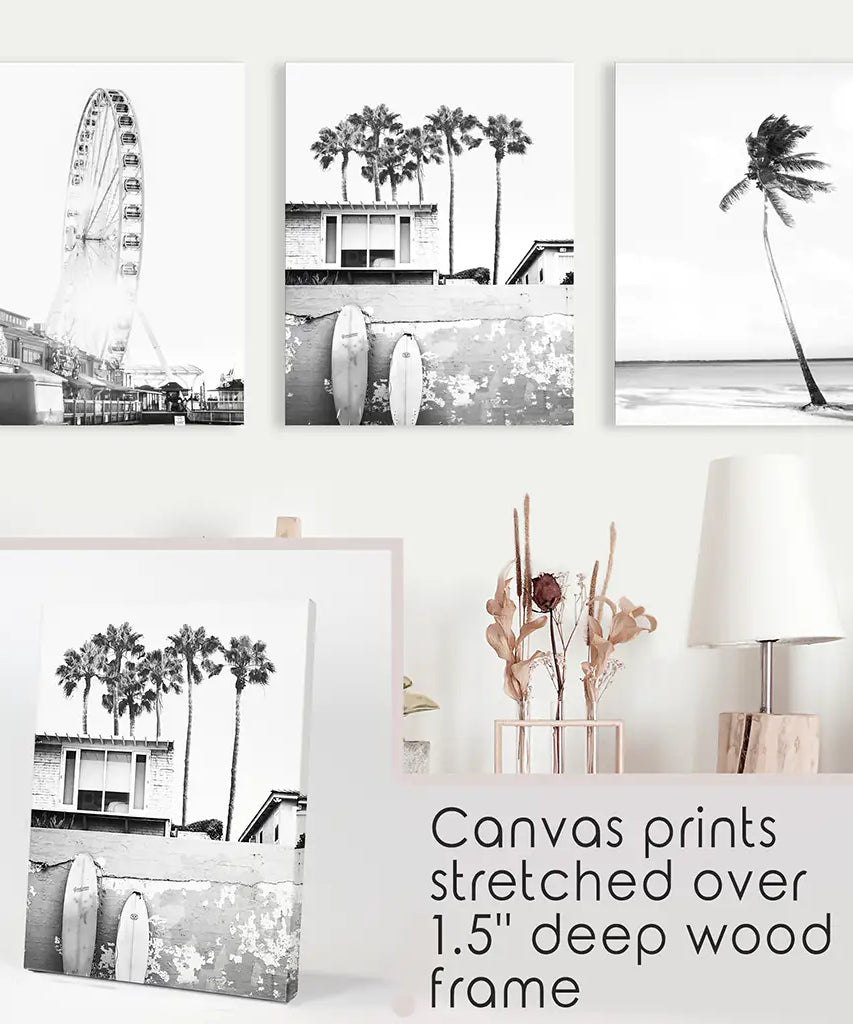 Black White Coastal Wall Art. Ferris Wheel, Surfboards, Palm