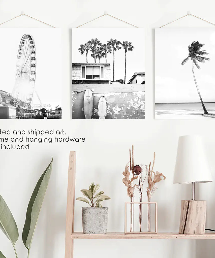 Black White Coastal Wall Art. Ferris Wheel, Surfboards, Palm