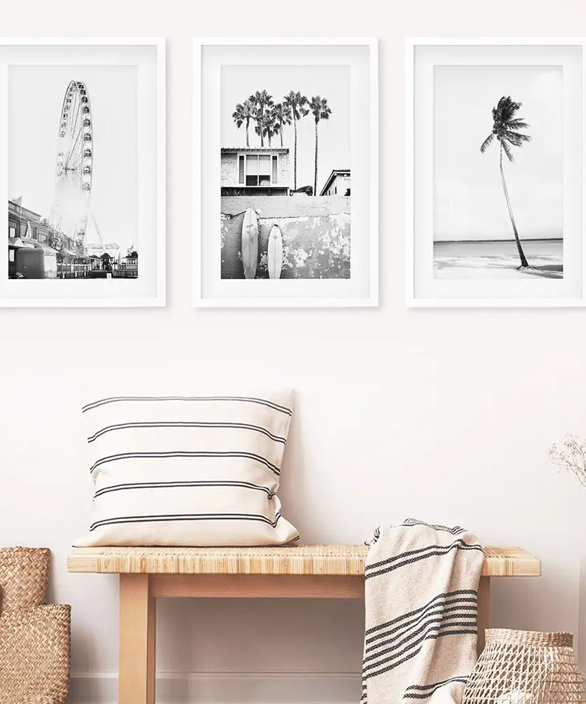 Black White Coastal Wall Art. Ferris Wheel, Surfboards, Palm