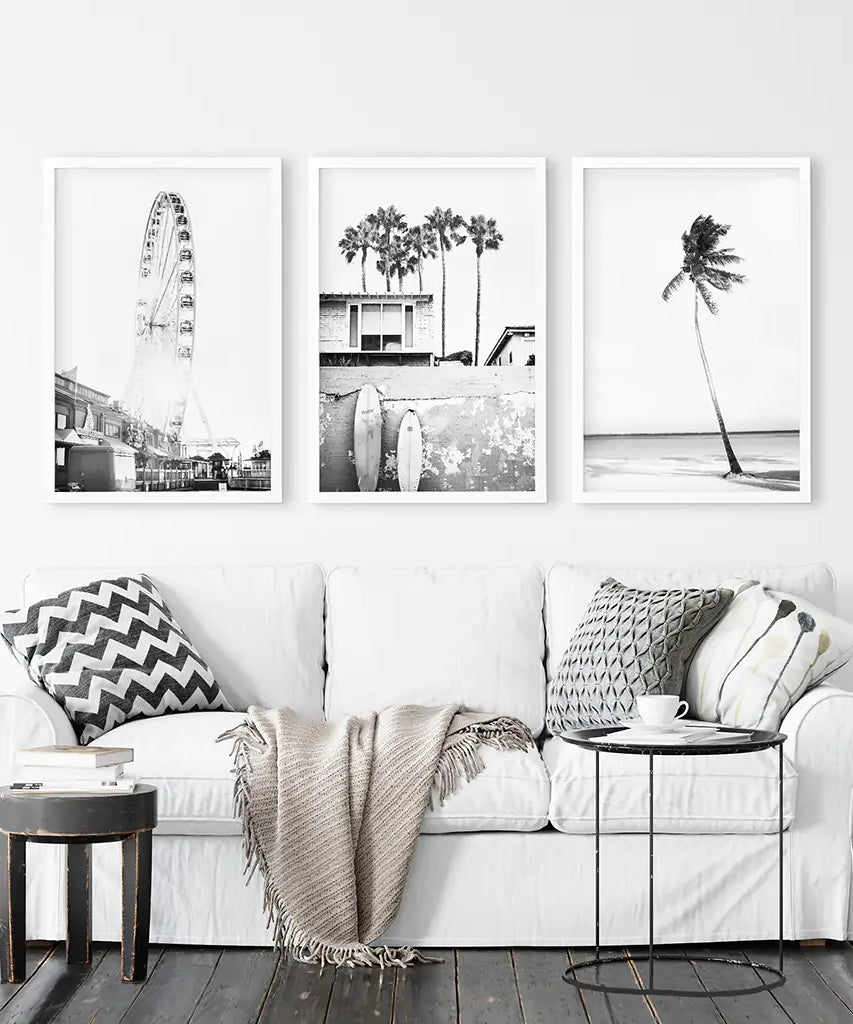 Black White Coastal Wall Art. Ferris Wheel, Surfboards, Palm