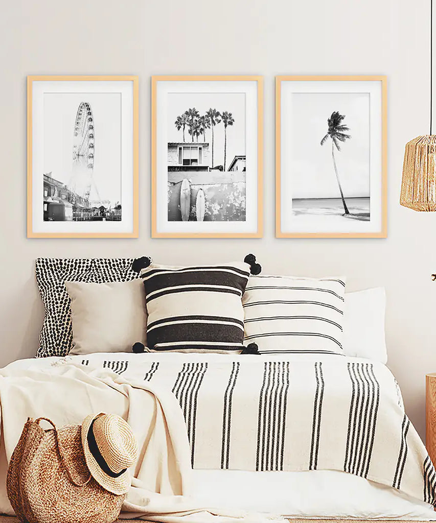 Black White Coastal Wall Art. Ferris Wheel, Surfboards, Palm