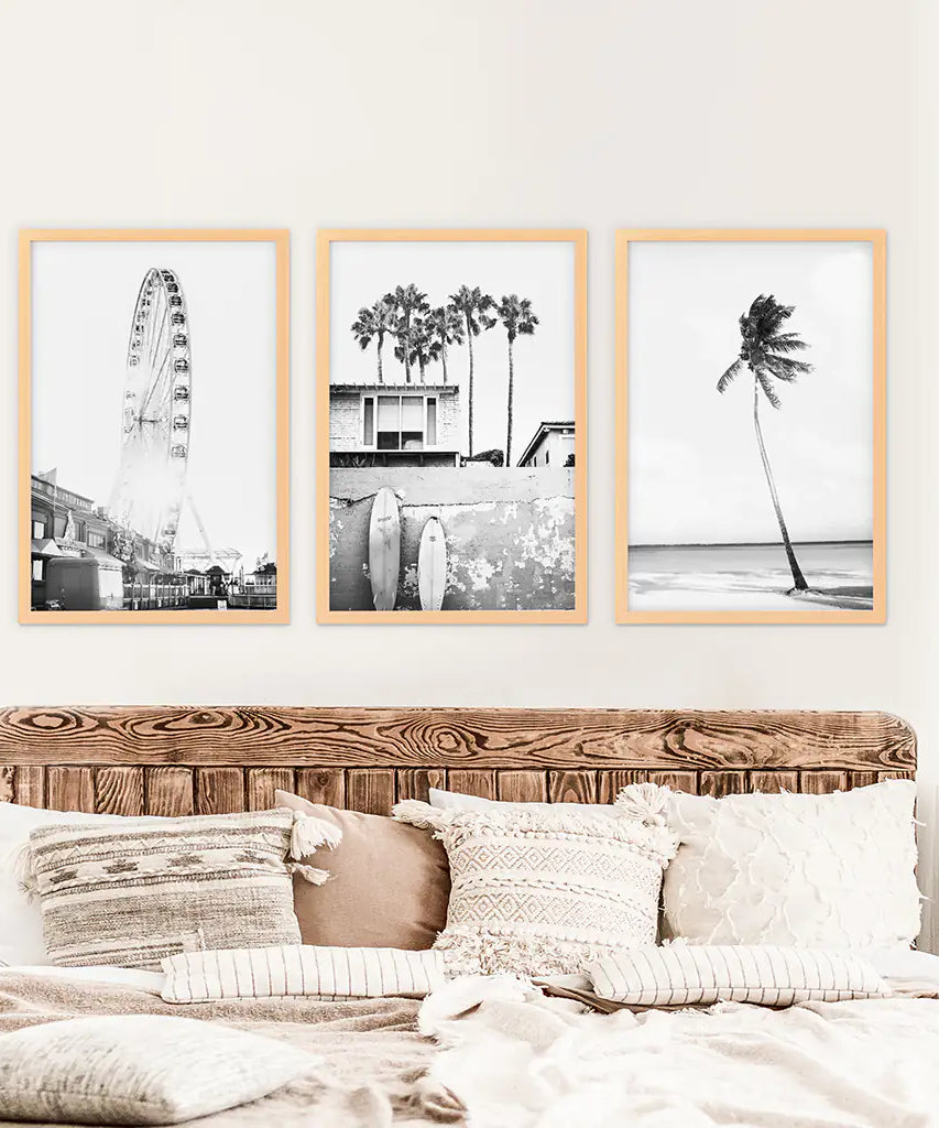Black White Coastal Wall Art. Ferris Wheel, Surfboards, Palm