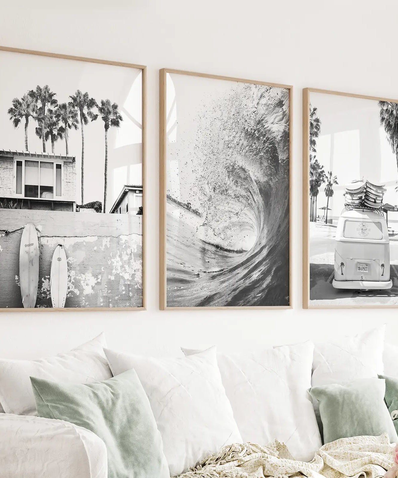 Black White California Surfing Prints. Van, Ocean Wave, Surfboards