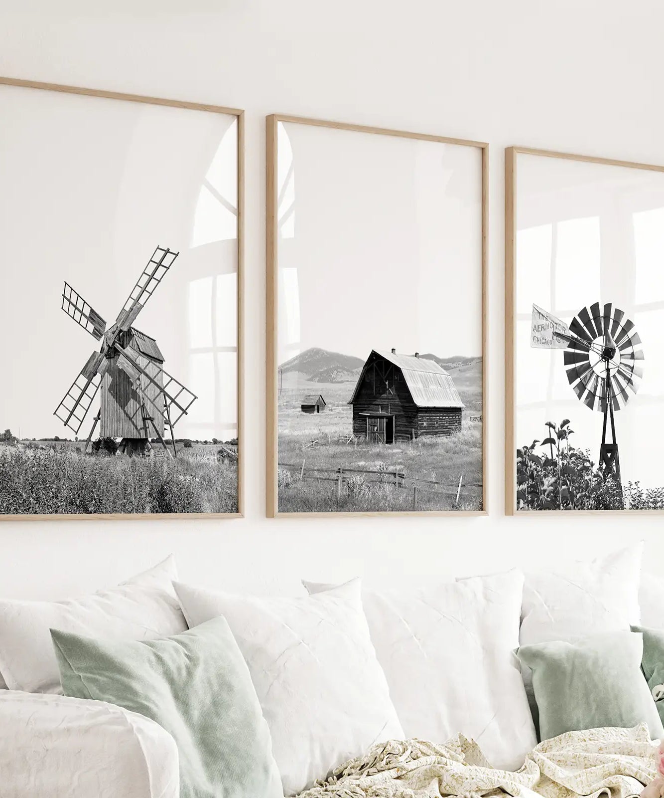 Black White Set of 3 Farm Style Prints. Windmill, Barn, Vane