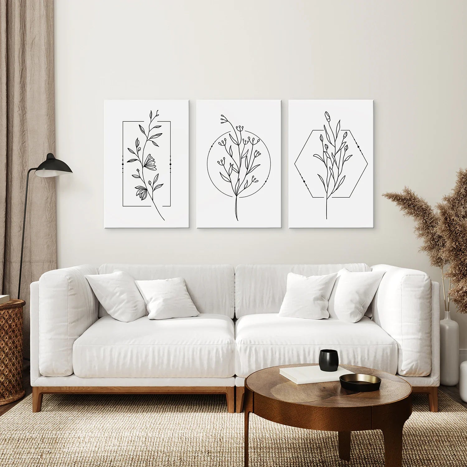 Minimalistische Blumen-Linienkunst: Schwarz-Weiß-Wandkunst-Set