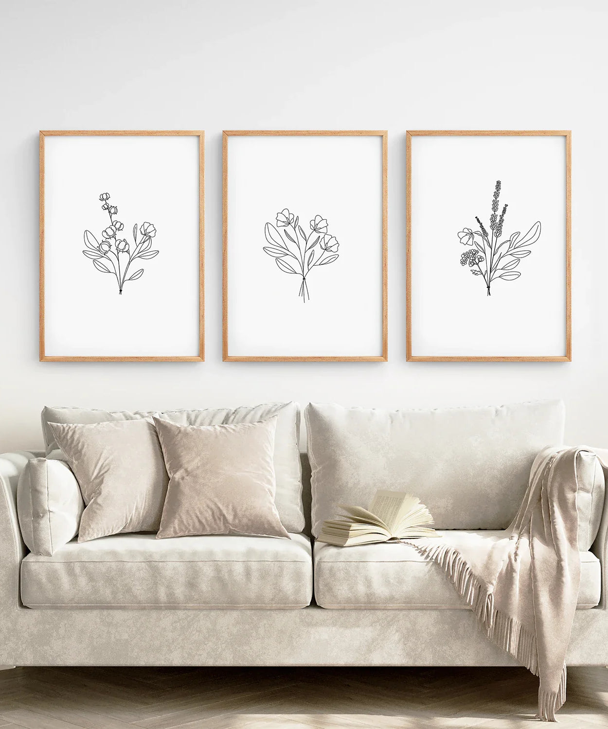 Blumen Line Art 3er Set Drucke - Botanische Wanddekoration