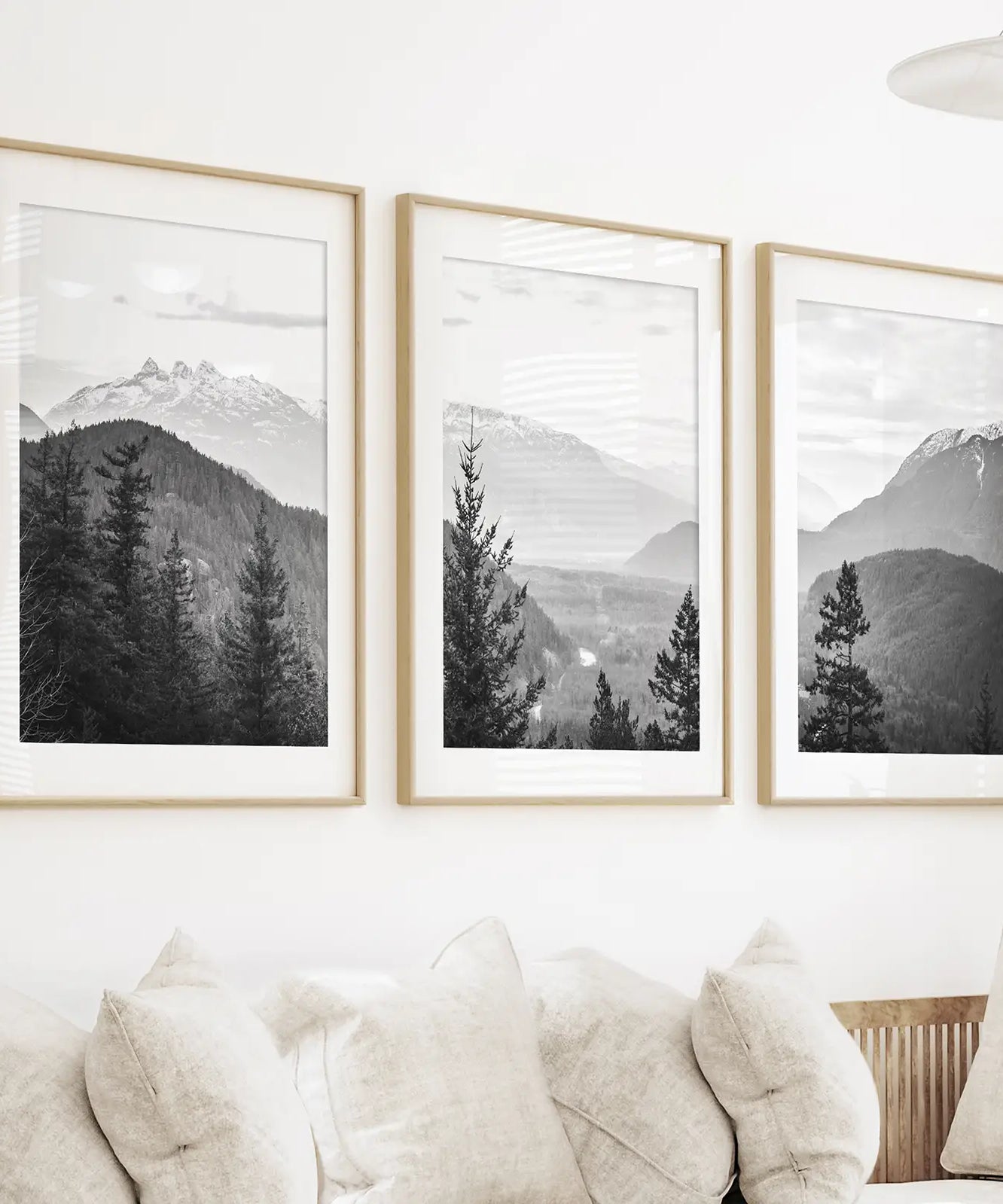 3er Set Schwarz-Weiß Berg Wald Bilder. Skandinavische Wandkunst