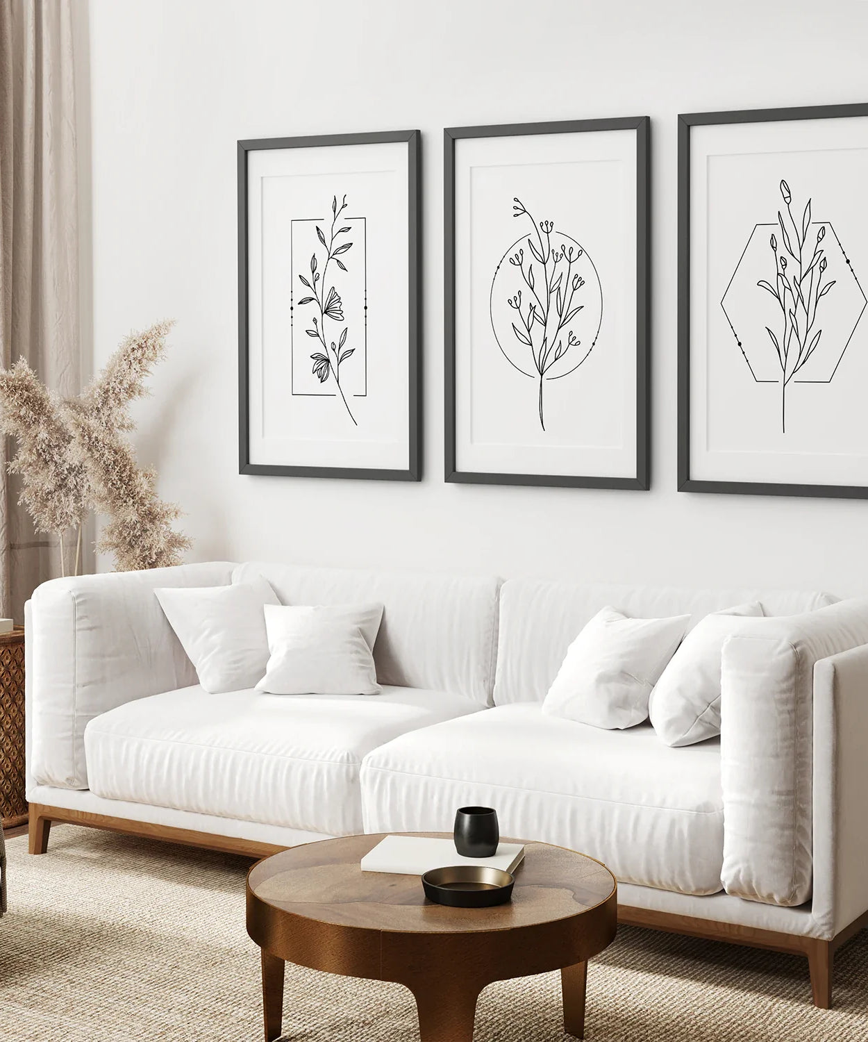 Minimalistische Blumen-Linienkunst: Schwarz-Weiß-Wandkunst-Set