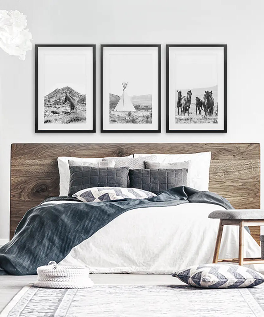 Black White Western Wall Art Set. Desert, Horses, Tepee