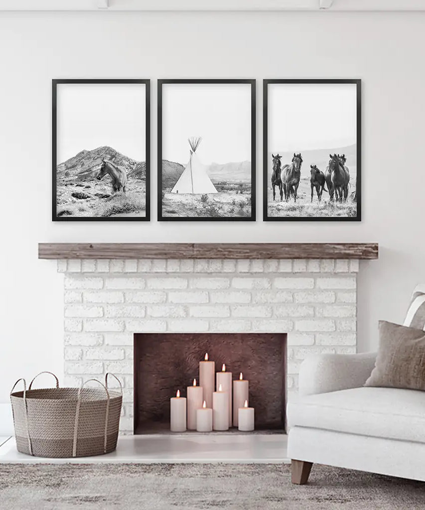 Black White Western Wall Art Set. Desert, Horses, Tepee