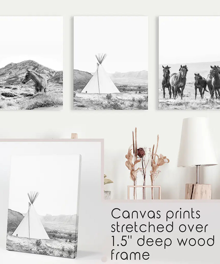 Black White Western Wall Art Set. Desert, Horses, Tepee