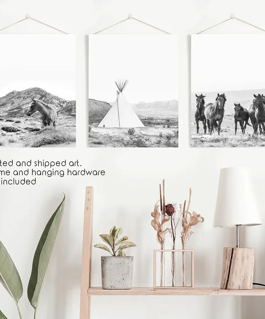 Black White Western Wall Art Set. Desert, Horses, Tepee