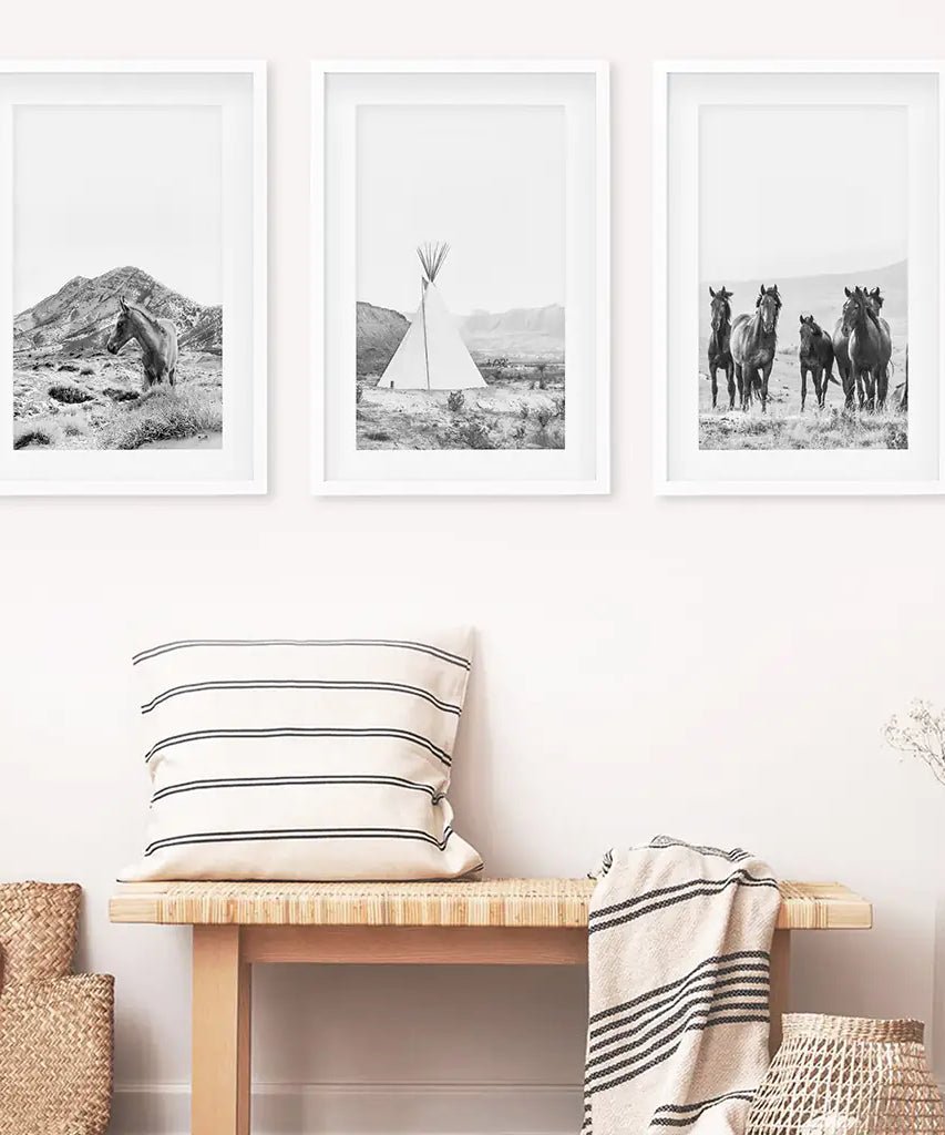 Black White Western Wall Art Set. Desert, Horses, Tepee