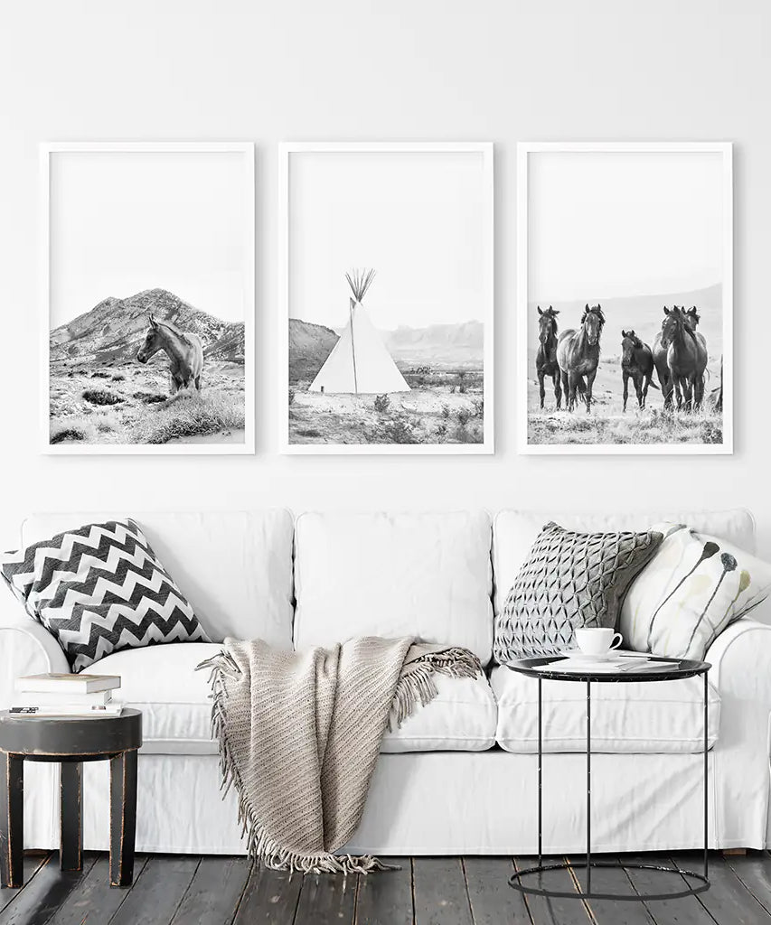 Black White Western Wall Art Set. Desert, Horses, Tepee