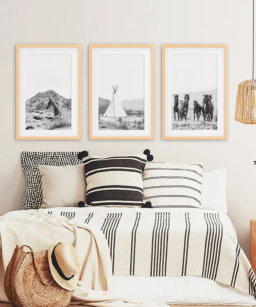 Black White Western Wall Art Set. Desert, Horses, Tepee