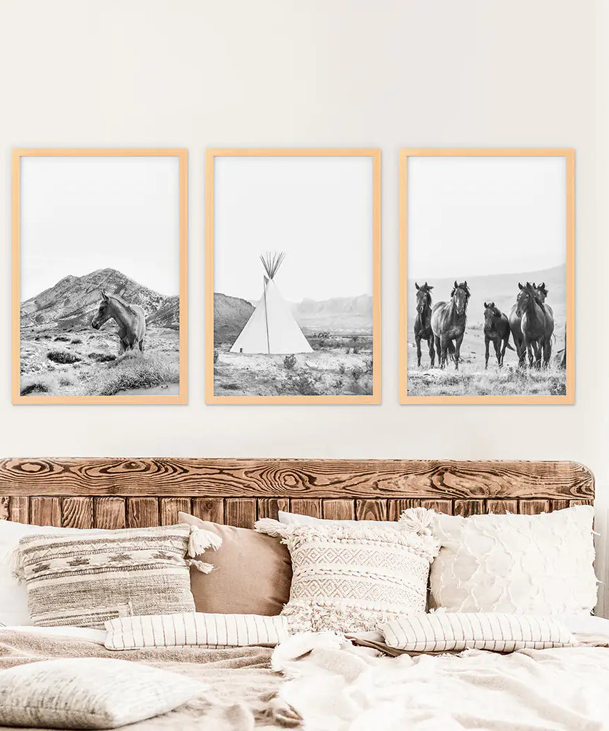 Black White Western Wall Art Set. Desert, Horses, Tepee