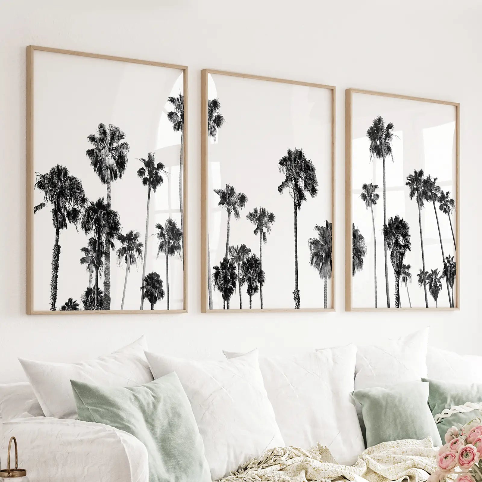 Black and White Palm Trees. Tropical Wall Art Set of 3 Prints