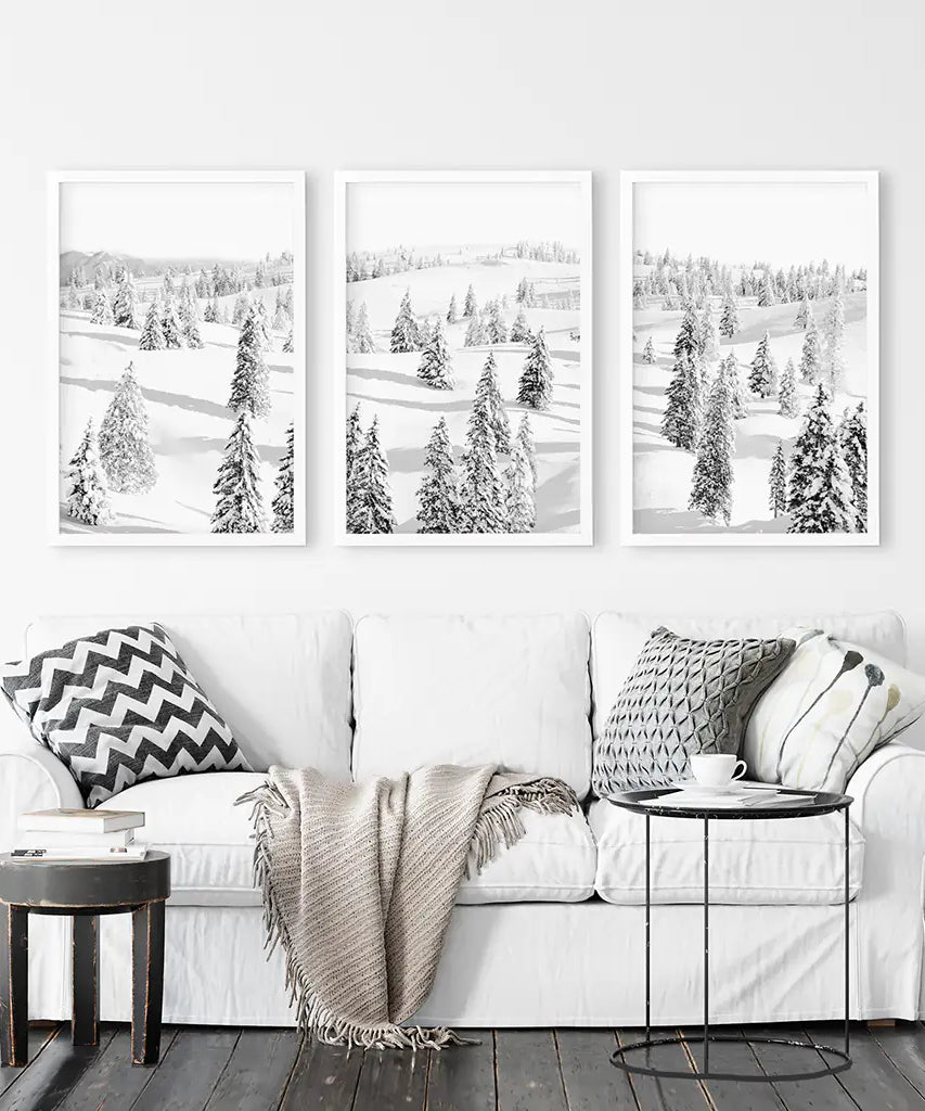 3-teiliges schwarz-weißes nordisches Winterwald-Wandkunst-Set