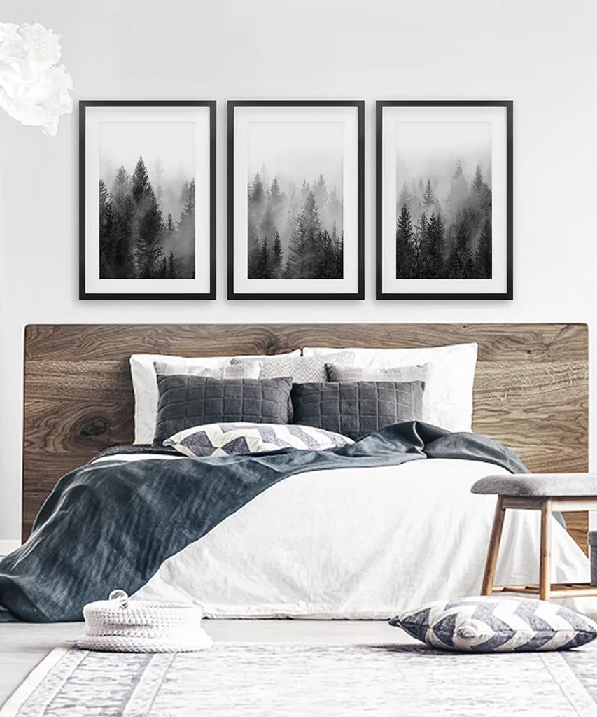 Misty Trees Wall Art. Black White Pine Forest Prints