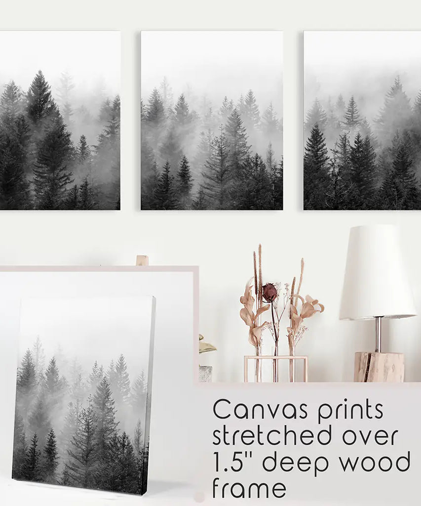 Misty Trees Wall Art. Black White Pine Forest Prints