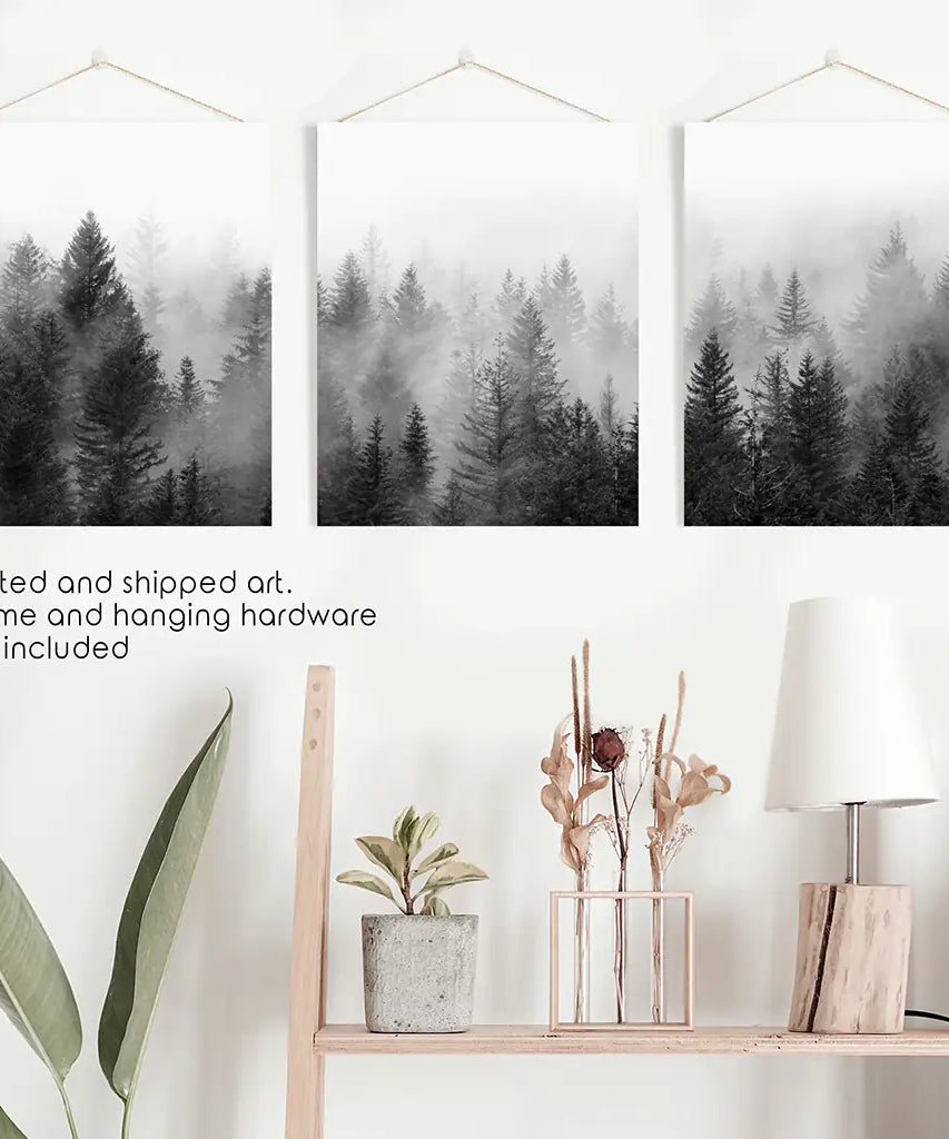 Misty Trees Wall Art. Black White Pine Forest Prints