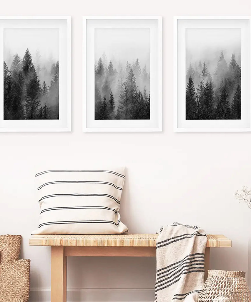 Misty Trees Wall Art. Black White Pine Forest Prints