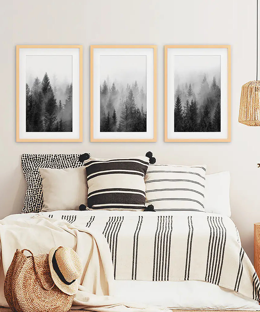 Misty Trees Wall Art. Black White Pine Forest Prints