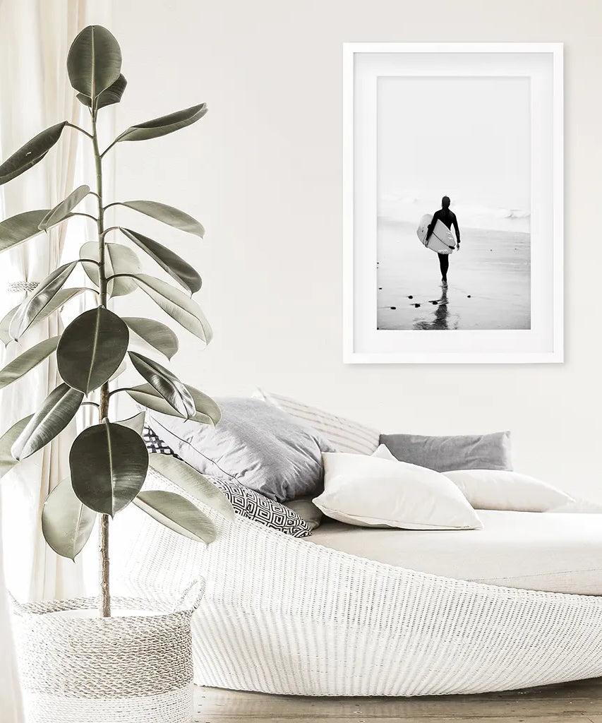 Schwarz Weiß Modernes Surfer-Foto. Druck im Küstenstil