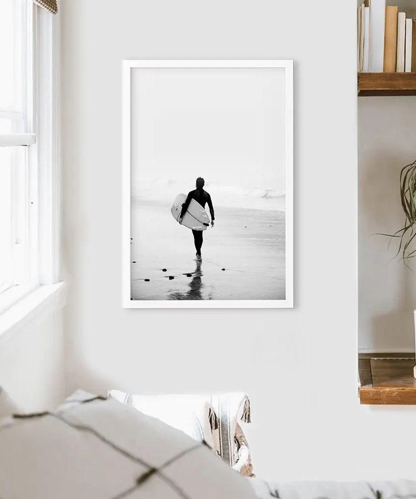 Schwarz Weiß Modernes Surfer-Foto. Druck im Küstenstil