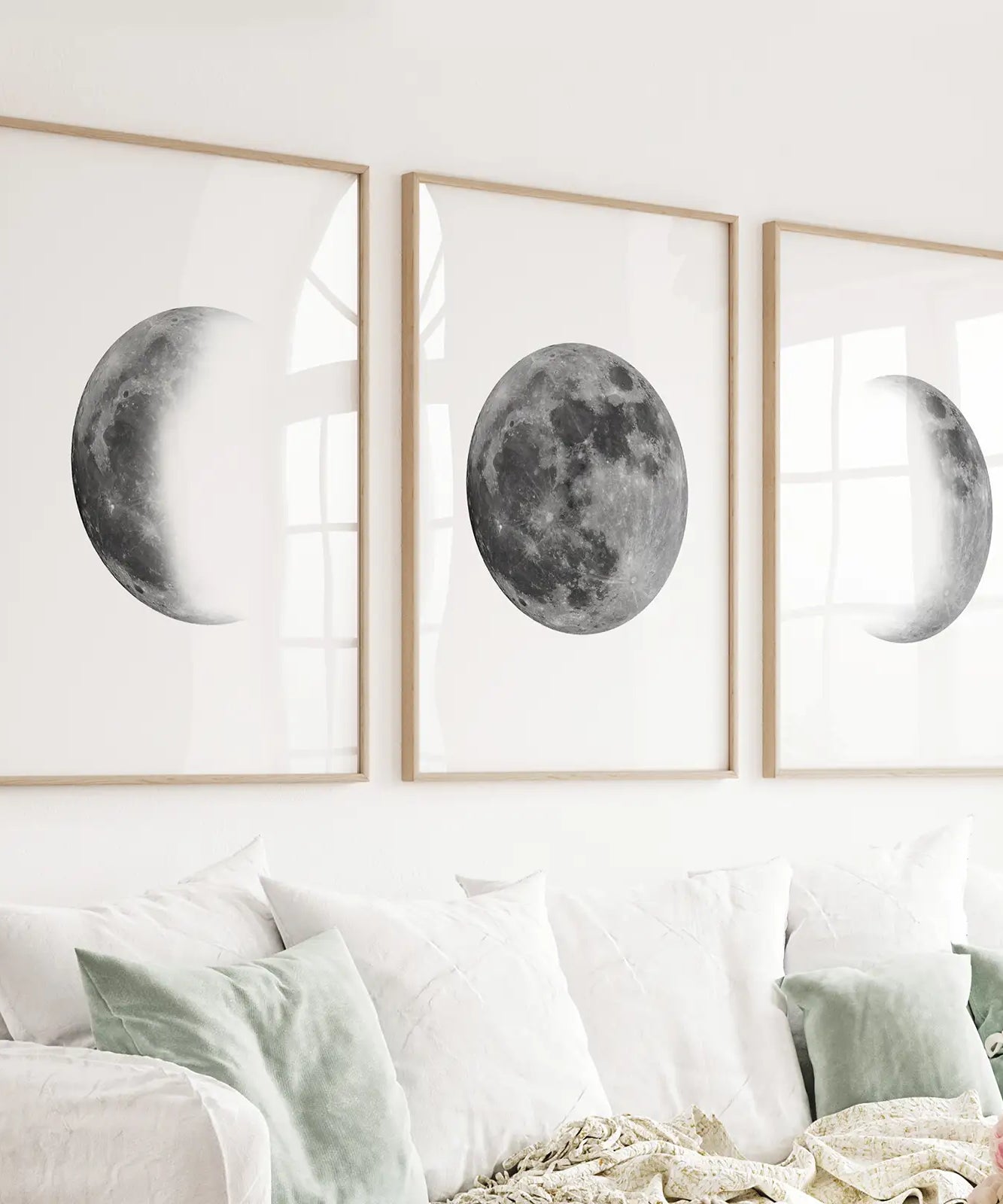 Black White MInimalist Moon Phases Wall Art. Set of 3 Prints