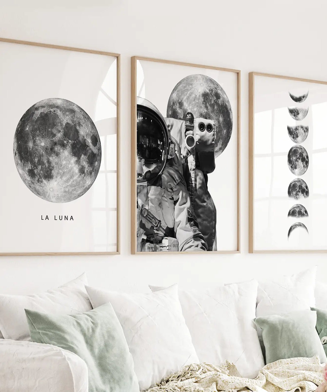 Modern Black White Moon Phases Wall Art Set of 3