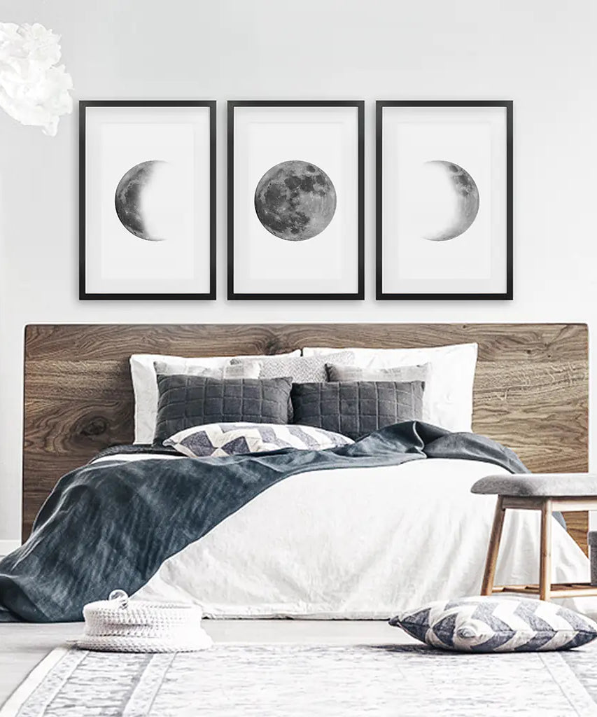 Black White MInimalist Moon Phases Wall Art. Set of 3 Prints