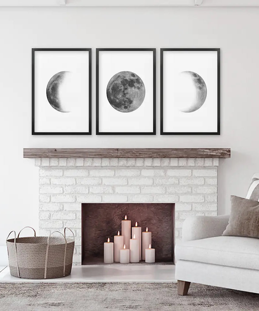 Black White MInimalist Moon Phases Wall Art. Set of 3 Prints