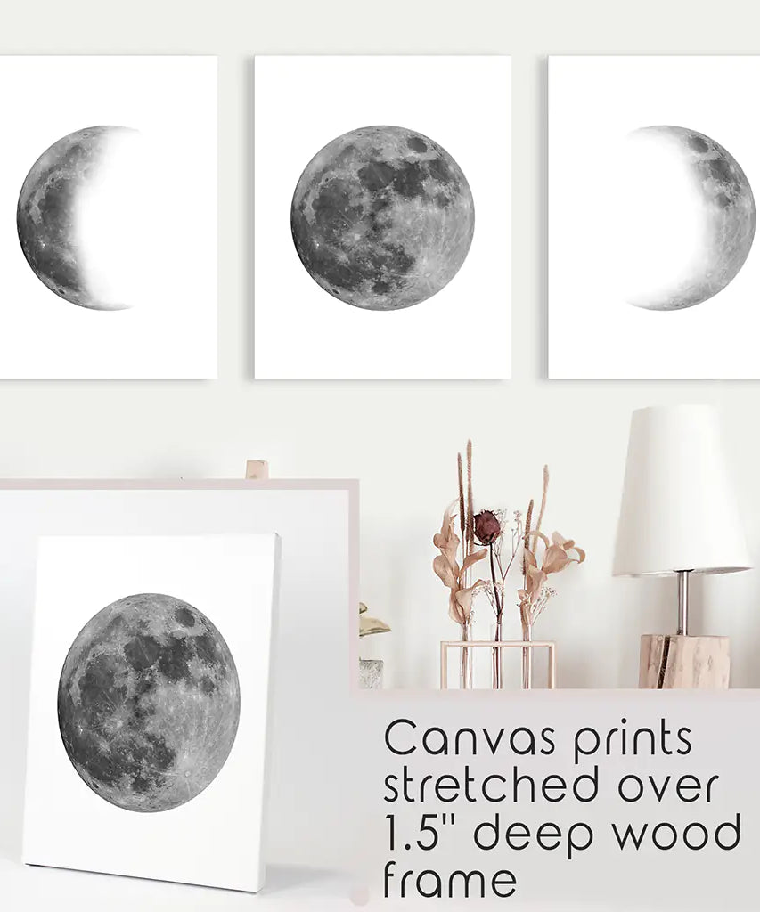 Black White MInimalist Moon Phases Wall Art. Set of 3 Prints