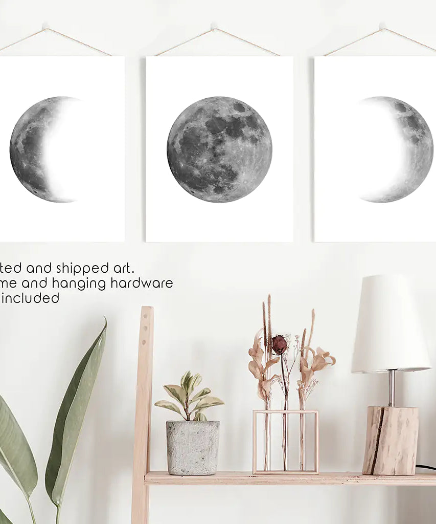 Black White MInimalist Moon Phases Wall Art. Set of 3 Prints