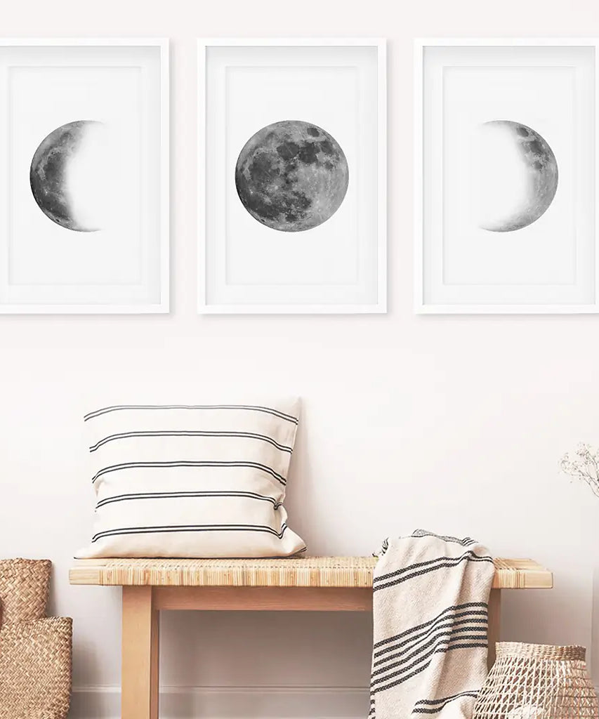 Black White MInimalist Moon Phases Wall Art. Set of 3 Prints