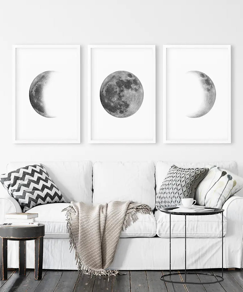 Black White MInimalist Moon Phases Wall Art. Set of 3 Prints