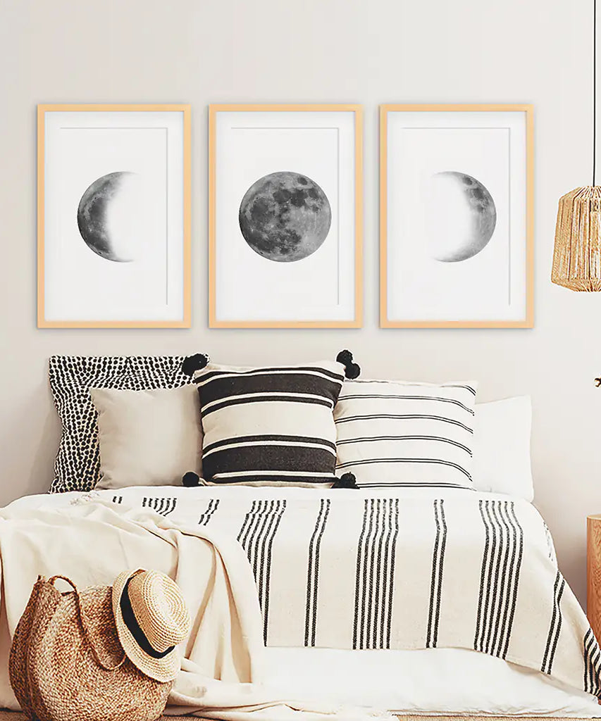 Black White MInimalist Moon Phases Wall Art. Set of 3 Prints