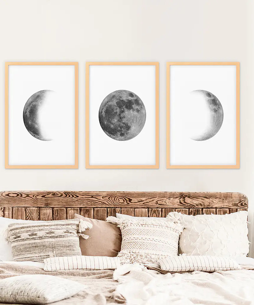 Black White MInimalist Moon Phases Wall Art. Set of 3 Prints