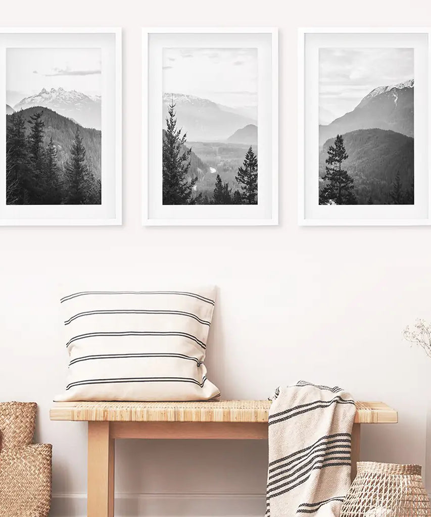 3er Set Schwarz-Weiß Berg Wald Bilder. Skandinavische Wandkunst