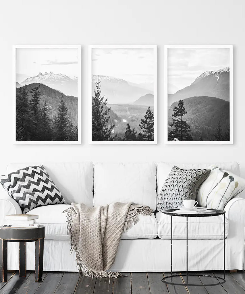 3er Set Schwarz-Weiß Berg Wald Bilder. Skandinavische Wandkunst