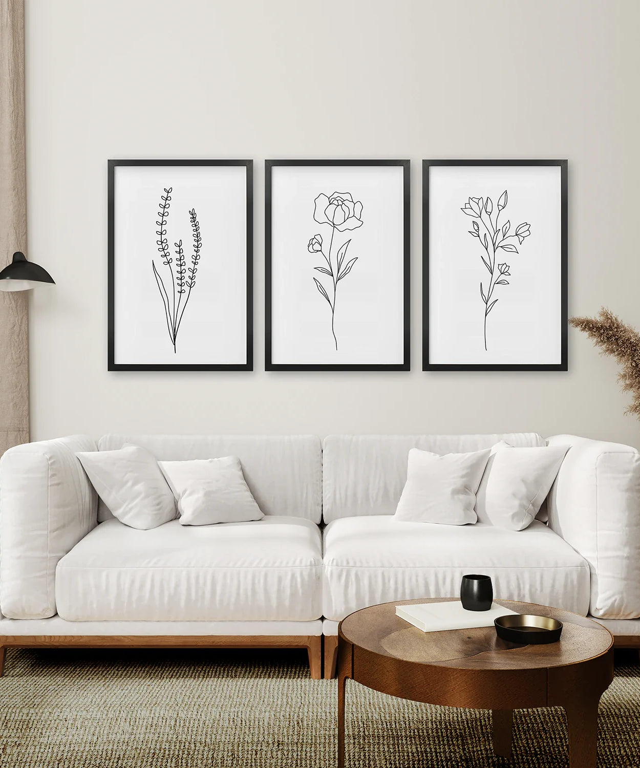 Minimalistische Schwarz-Weiß Botanische Linienkunst. Set aus 3 Drucken