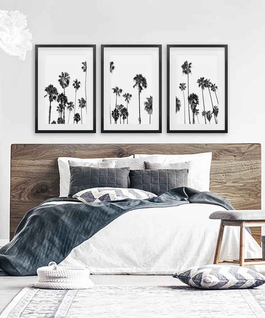 Black and White Palm Trees. Tropical Wall Art Set of 3 Prints