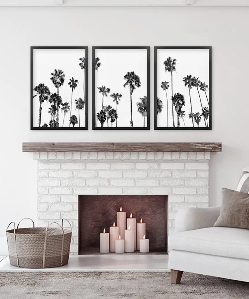 Black and White Palm Trees. Tropical Wall Art Set of 3 Prints