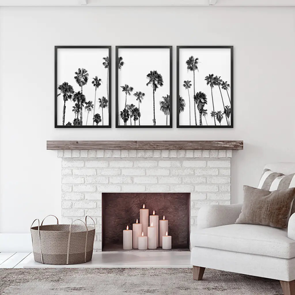 Black and White Palm Trees. Tropical Wall Art Set of 3 Prints