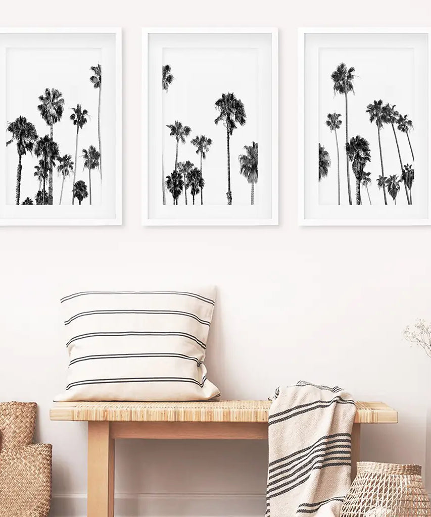 Black and White Palm Trees. Tropical Wall Art Set of 3 Prints