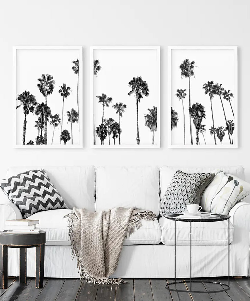 Black and White Palm Trees. Tropical Wall Art Set of 3 Prints